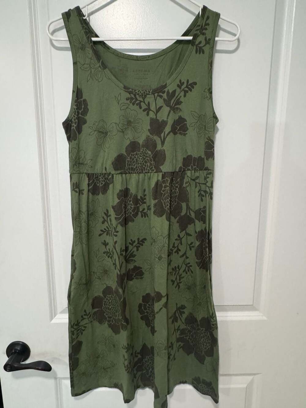 Olive Green Floral Sleeveless Midi Dress Cottagecore Boho Women’s Medium